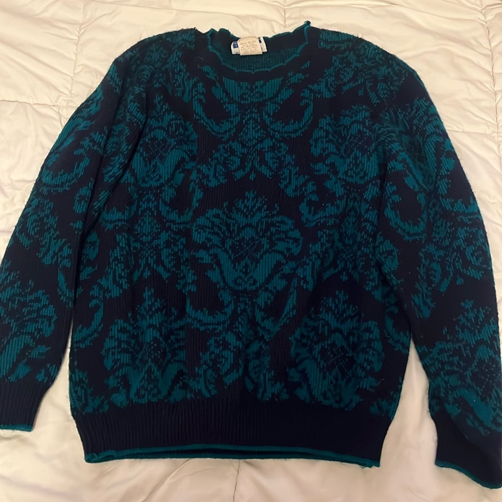 Vintage CAPE COD frill neckline teal and black sweater
